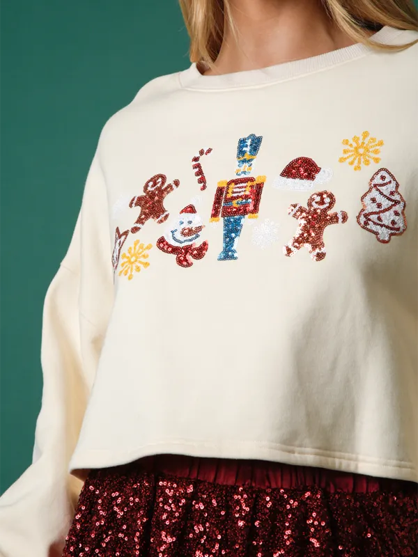 Festive Nutcracker Sequined Crop Sweatshirt - Holiday Special