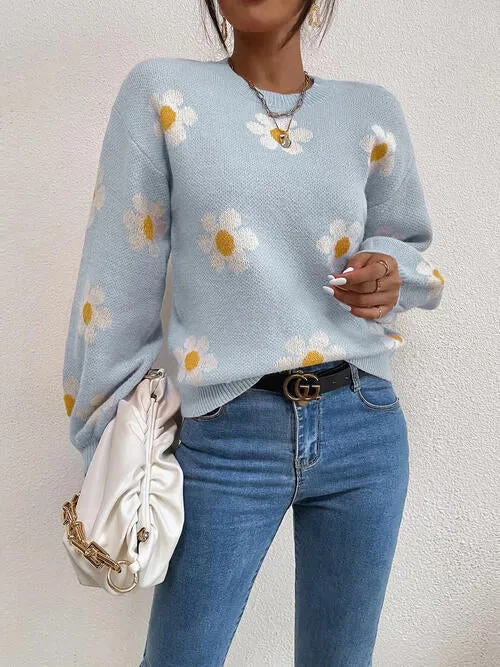 Flower Round Neck Latern Sleeve Sweater