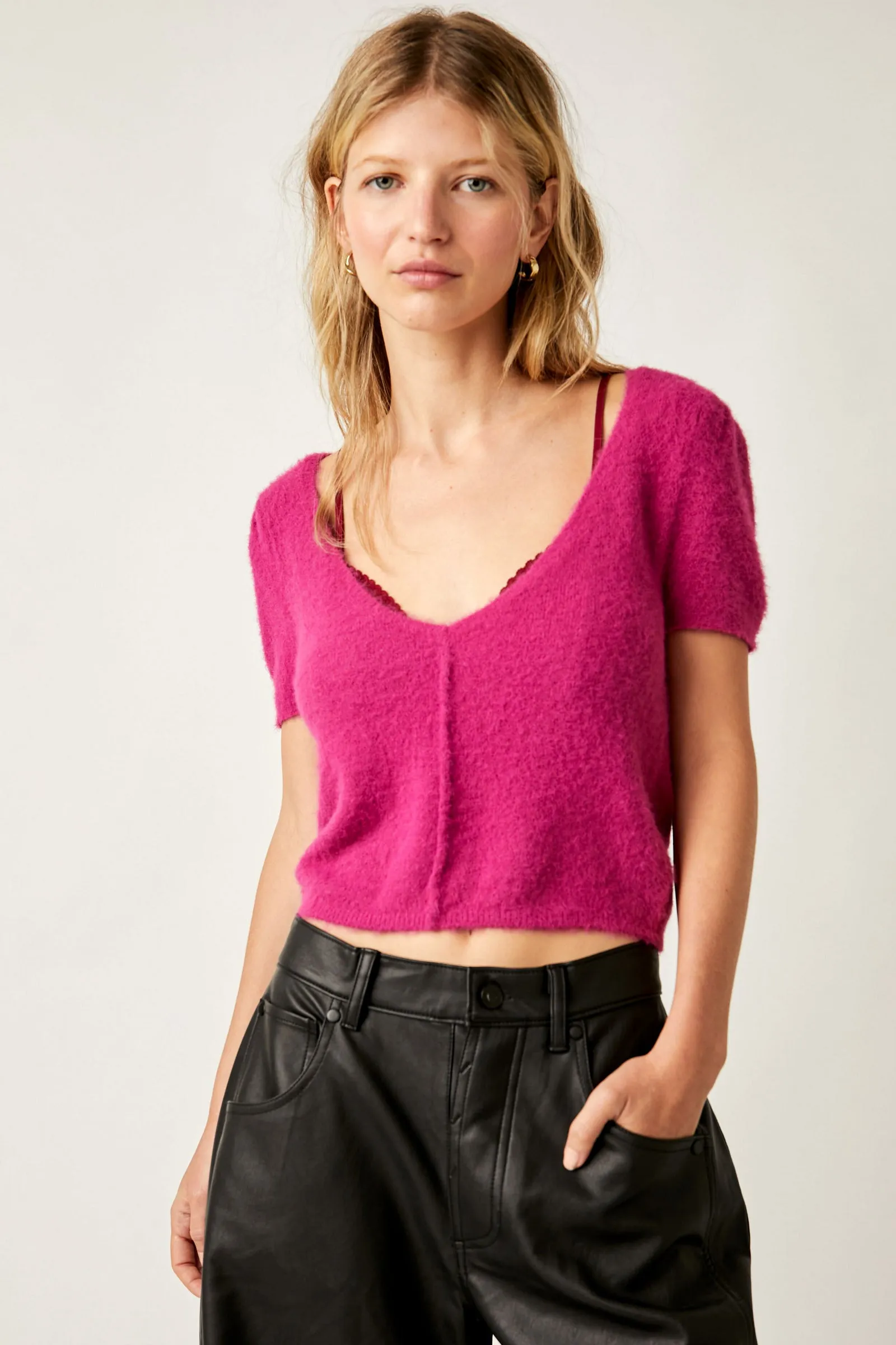 Free People Keep Me Warm Crop Top Sweater- Fuschia