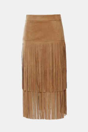 Fringe Detail Faux Suede Midi Skirt