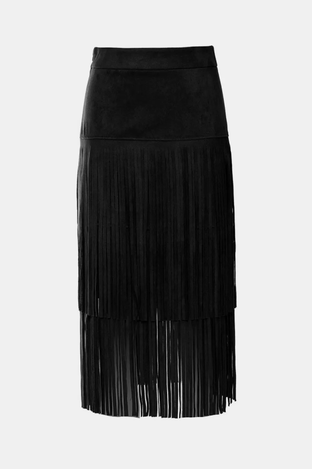 Fringe Detail Faux Suede Midi Skirt