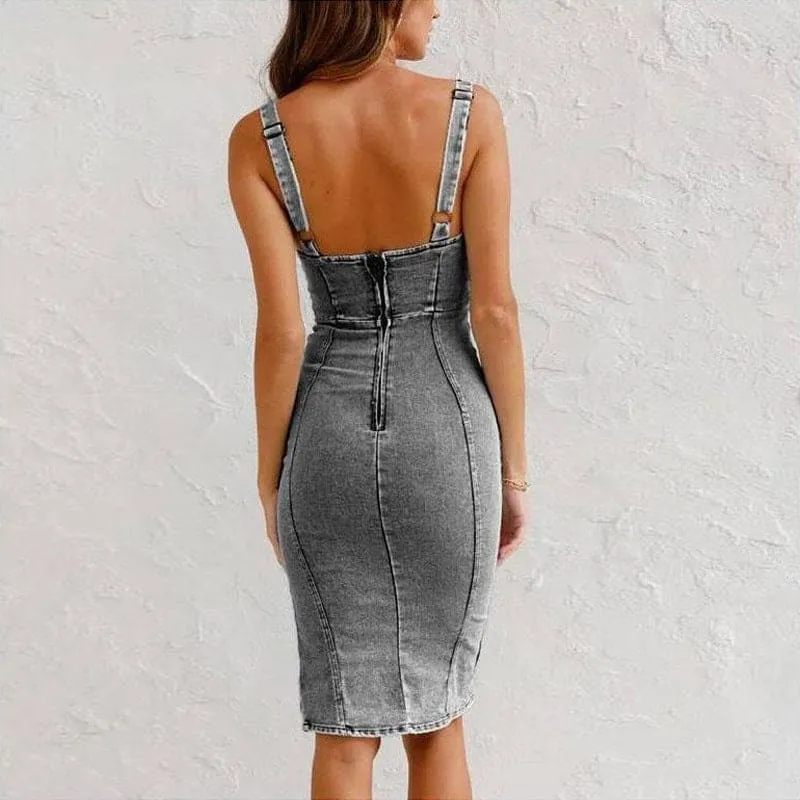 Front Zip Adjustable Strap Side Split Denim Bodycon Dress