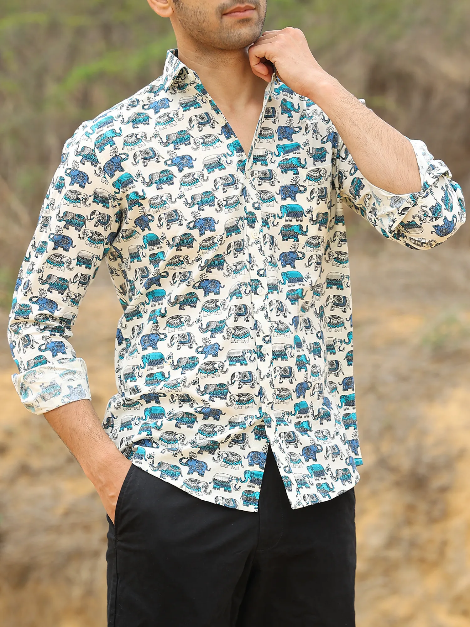 Full Sleeve Hand Block  Elephant Printed Mens Cotton Shirt (Blue)