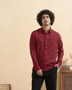 Full Sleeves Red Crepe Casual Printed Men's Shirt