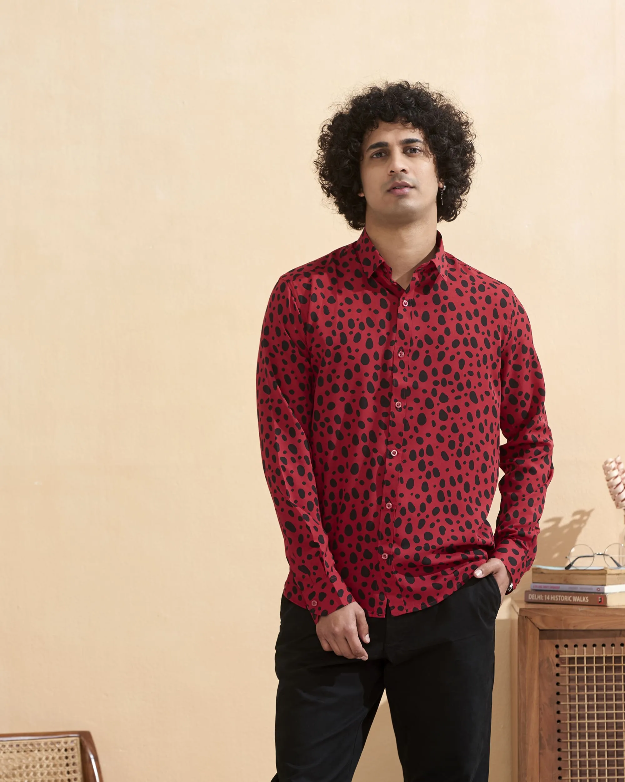 Full Sleeves Red Crepe Casual Printed Men's Shirt