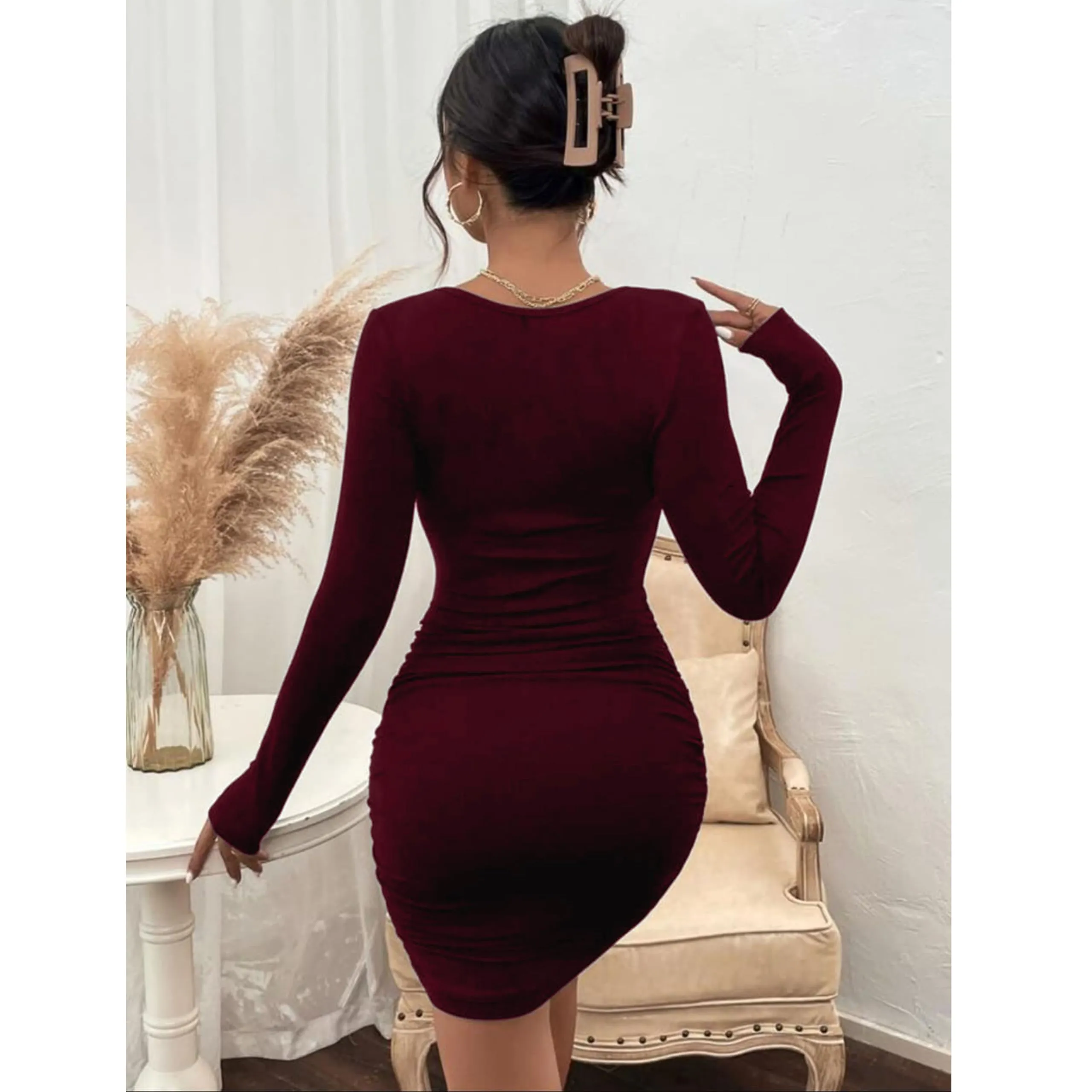 GLARE & BLAIR Solid Sweetheart Neck Lace Trim Long Sleeves Bodycon Ribbed Mini Dress for Women (Small, Maroon04)