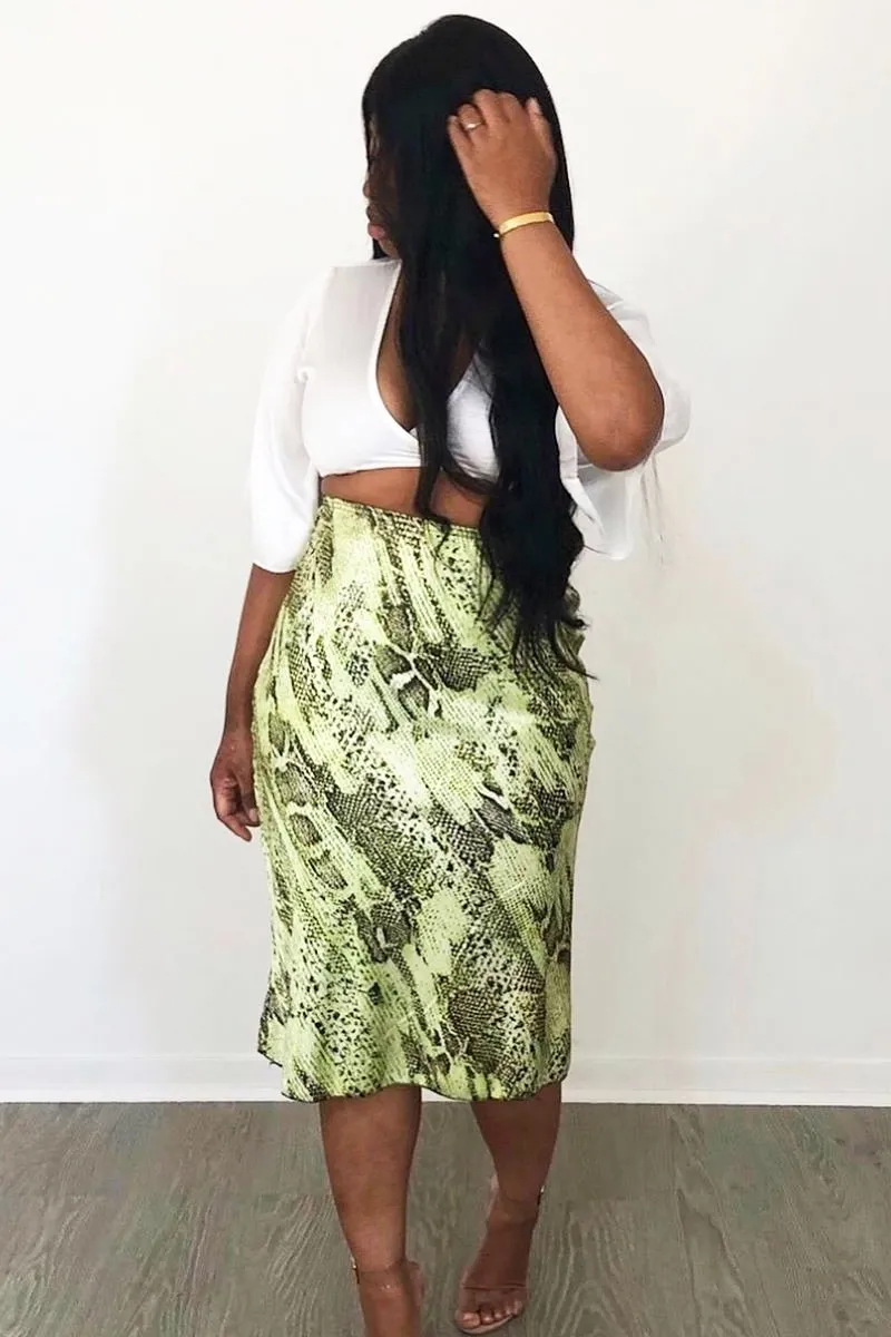 Green Snake Satin Midi Skirt - Klover