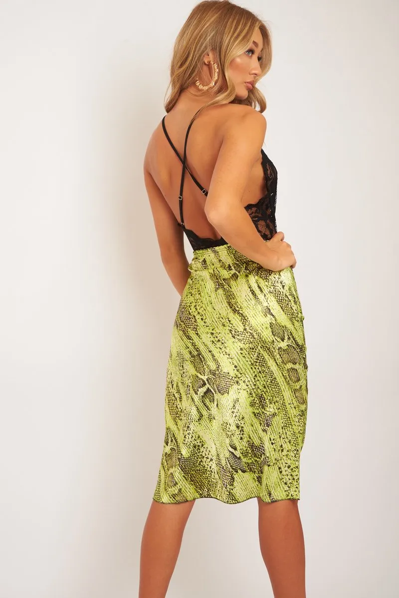 Green Snake Satin Midi Skirt - Klover