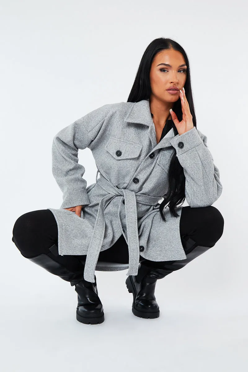 Grey Belted Pocket Front Shacket - Stella