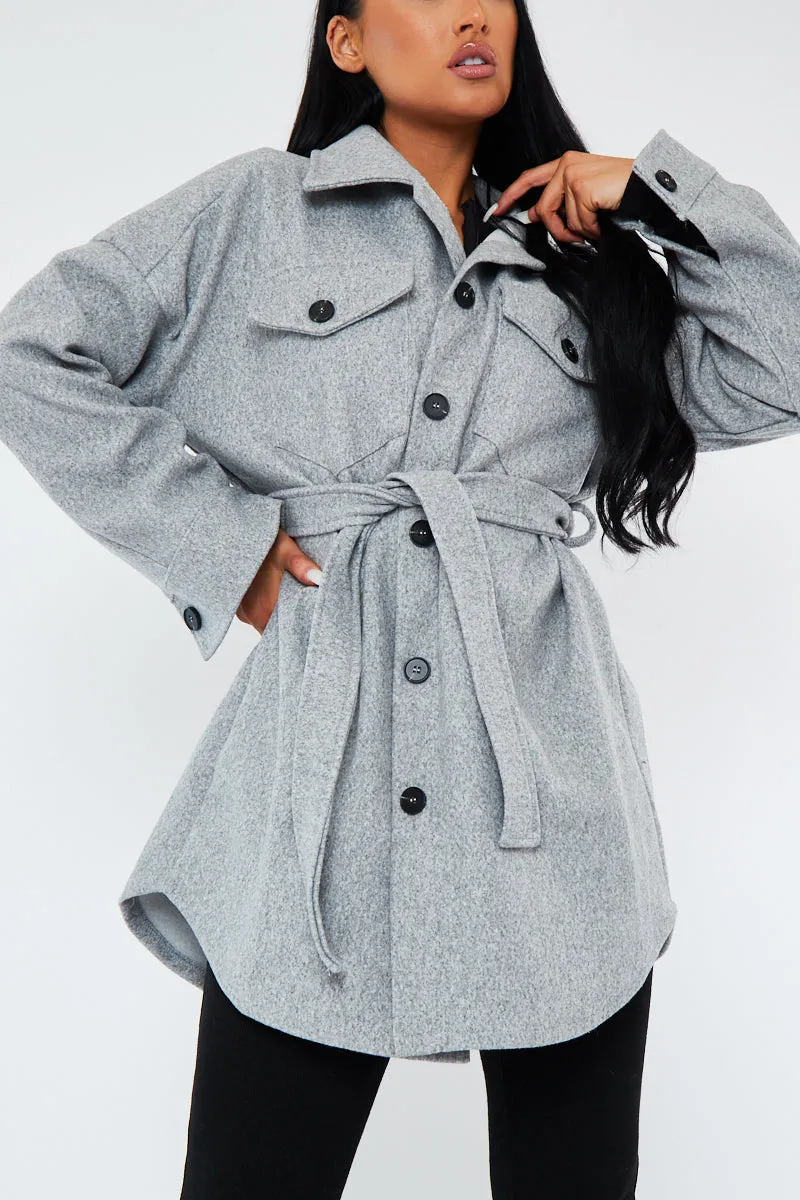 Grey Belted Pocket Front Shacket - Stella