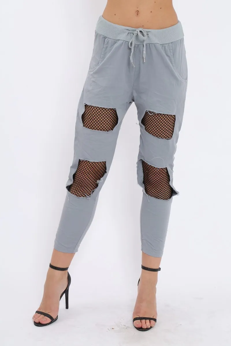 Grey Fish Net Panel Detail Joggers - Mikaela