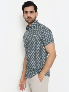 Grey Short Sleeve Cotton Hand Block Printed Men’s Shirt