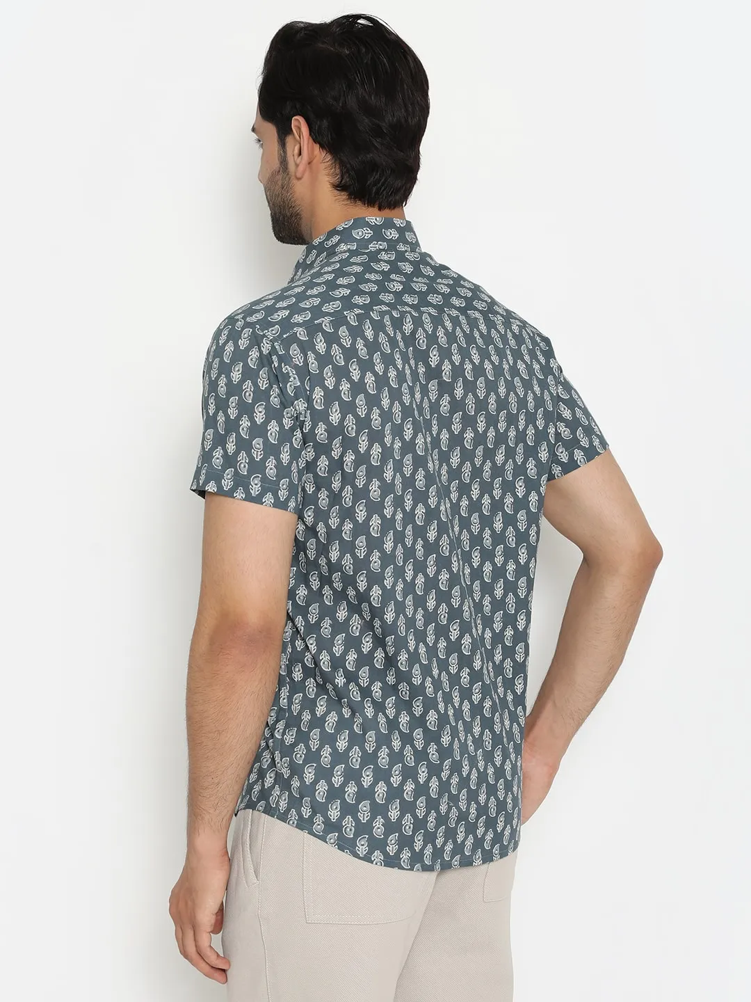 Grey Short Sleeve Cotton Hand Block Printed Men’s Shirt