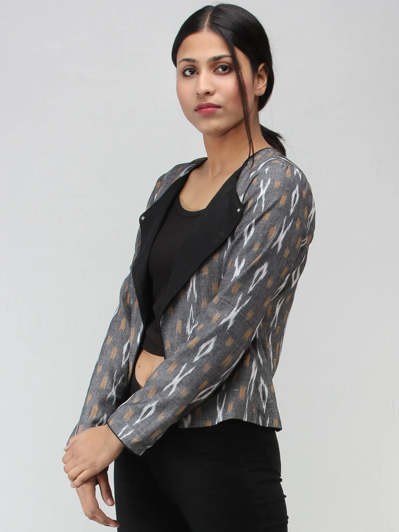 Grey White Mustard Hand Woven Ikat Crop Jacket - J15FXXX