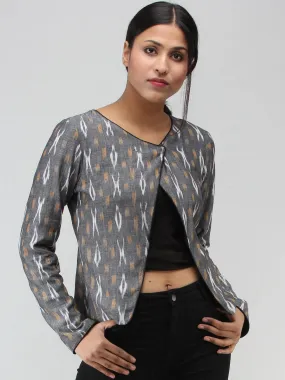 Grey White Mustard Hand Woven Ikat Crop Jacket - J15FXXX