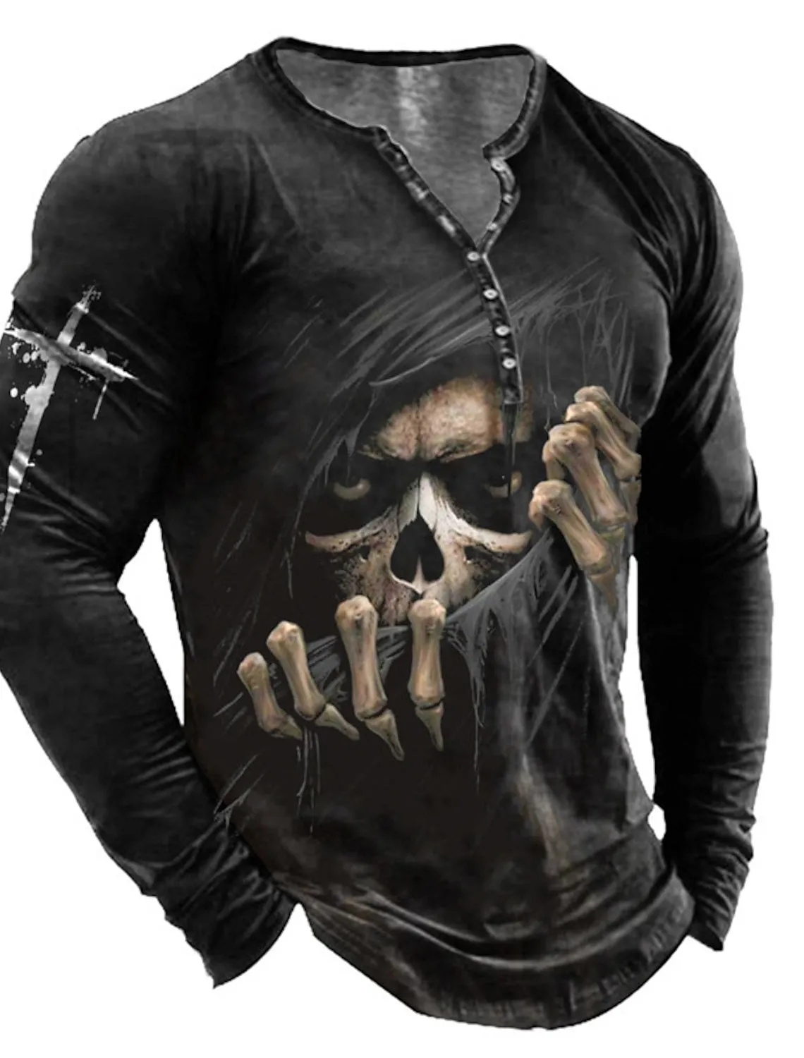 Grim Reaper Mens 3D Shirt For Halloween | Black Fall Cotton | Men'S Henley Tee Graphic Skull Skeleton 3D Print Outdoor Daily Long Sleeve Button Down Clothing Apparel