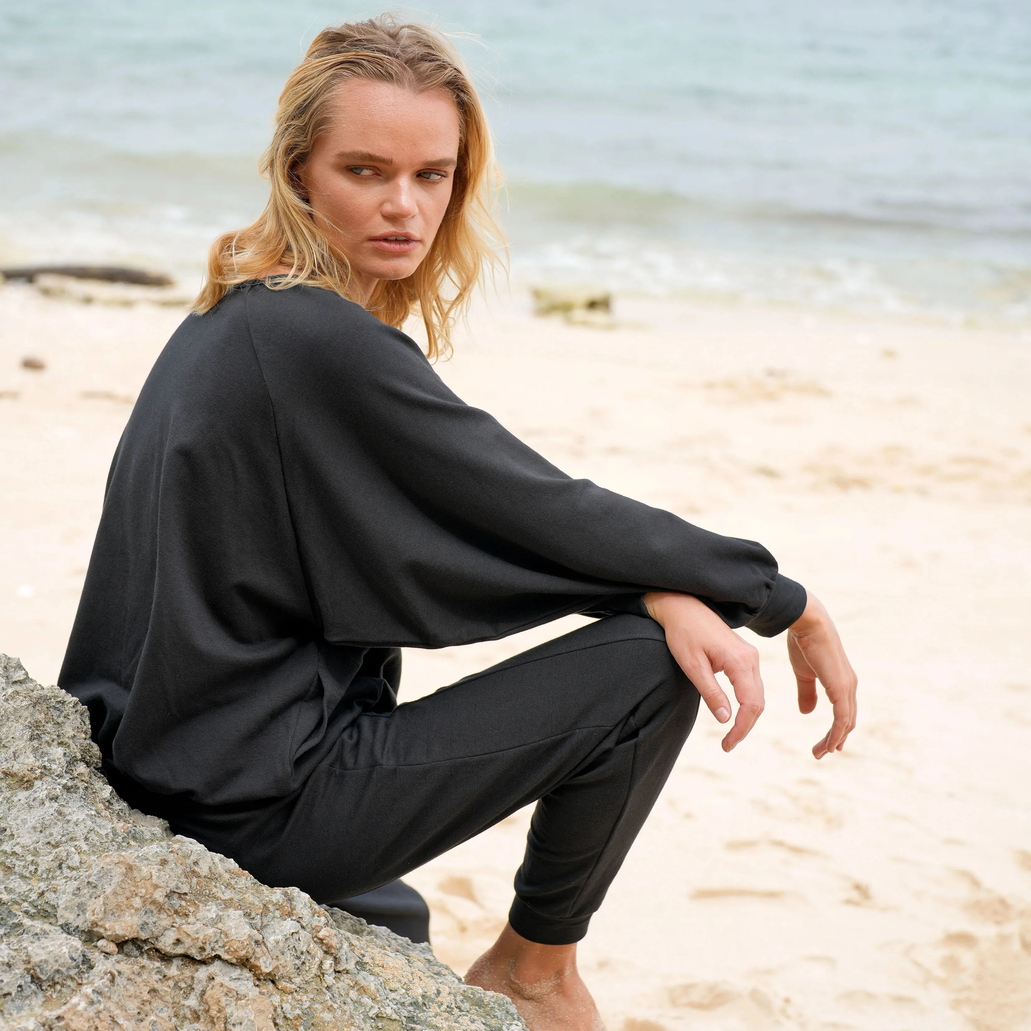 Haley Bamboo Fleece Sweater, in Black