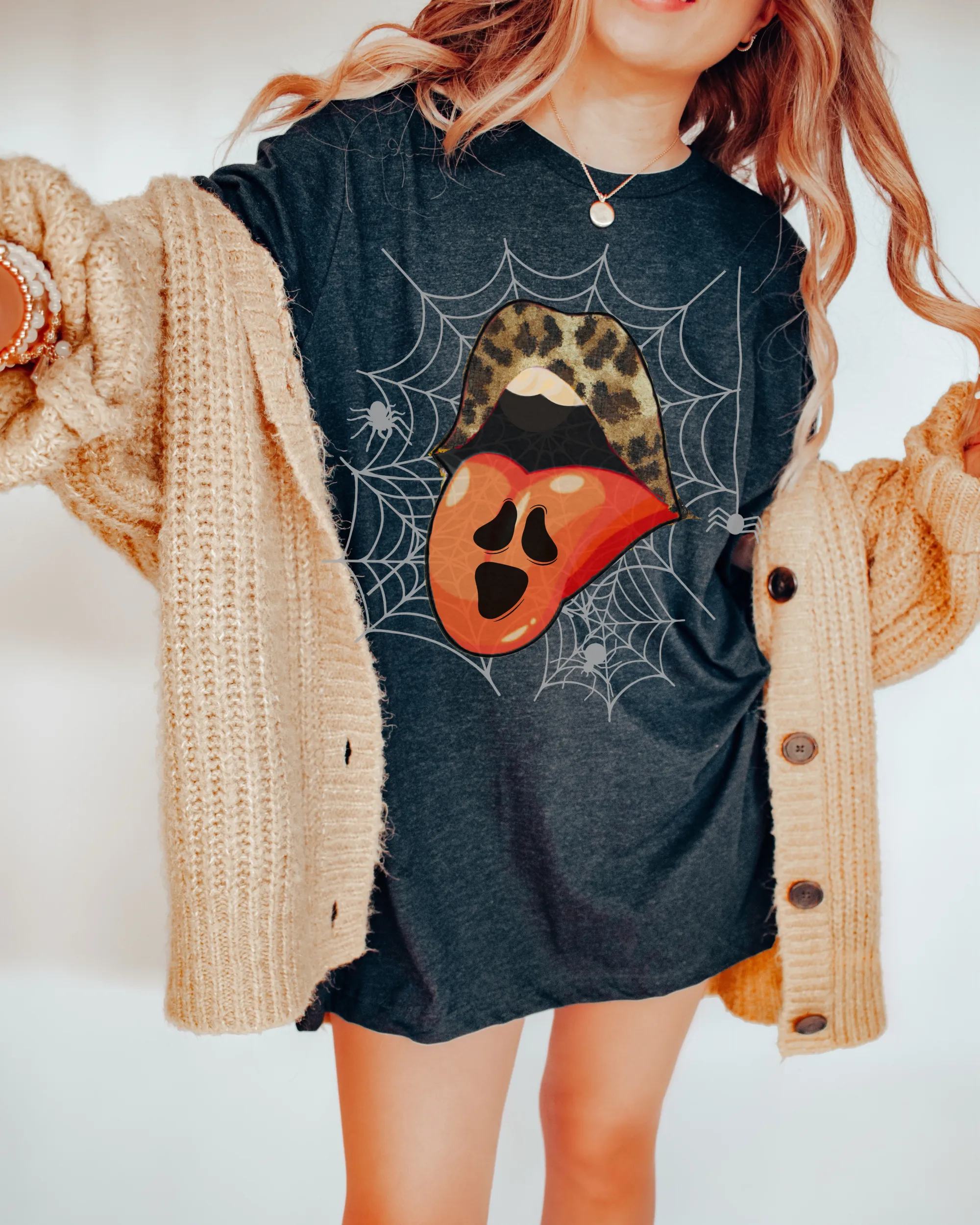 Halloween Comfort Colors® T-Shirt, Women's Halloween Design, Leopard Print Lips T-Shirt