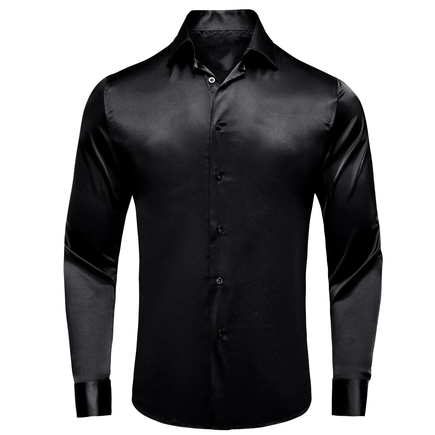 Hi-Tie Black Silk Shirt Solid Satin Men's Long Sleeve Dress Shirt