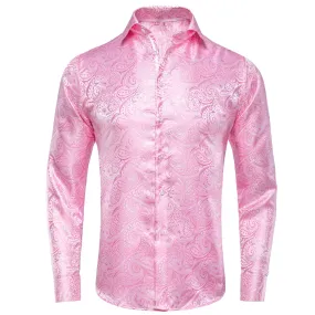 Hi-Tie Light Pink Shirt Baby Pink Paisley Silk Men's Long Sleeve Shirt