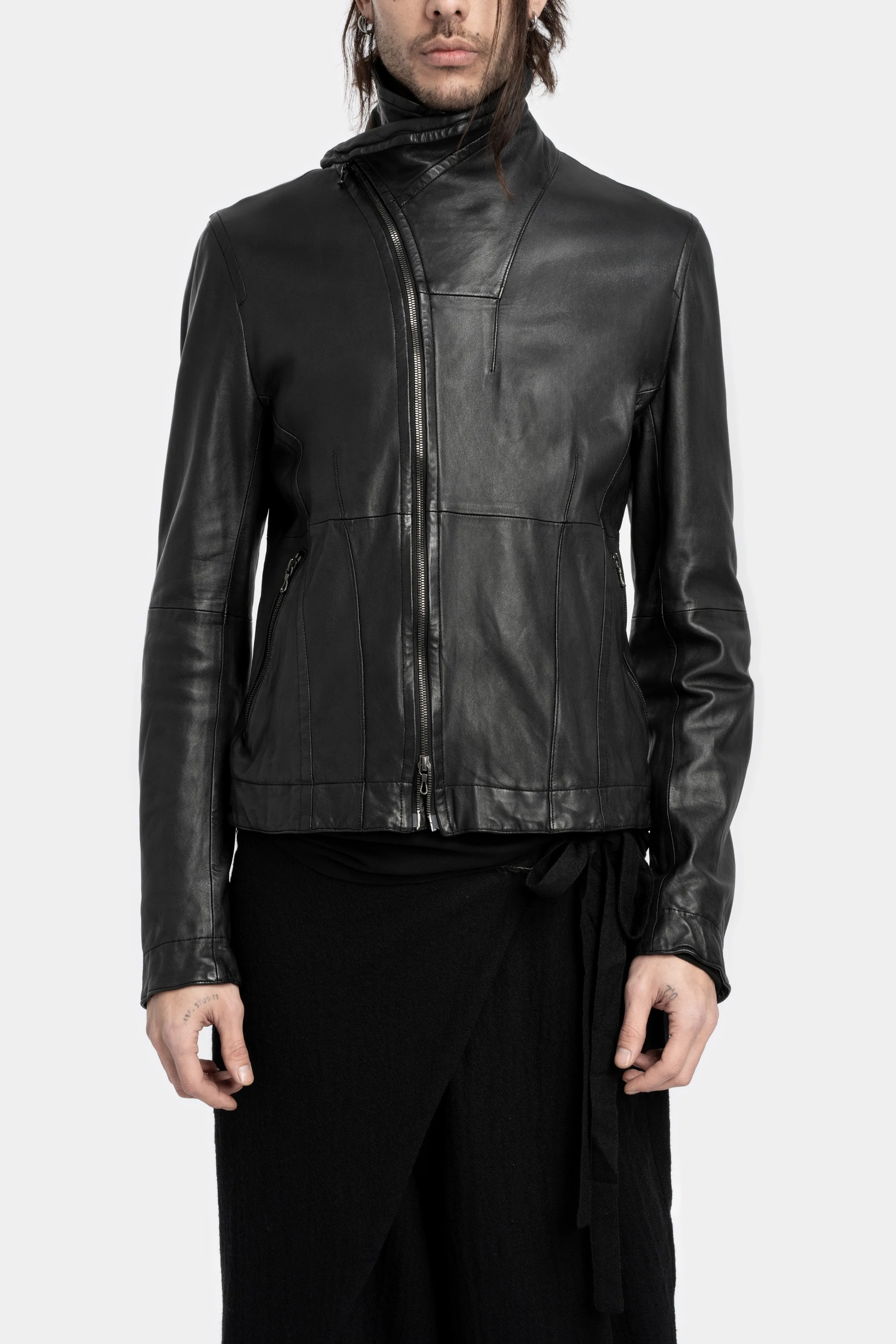 High neck cropped lamb leather jacket