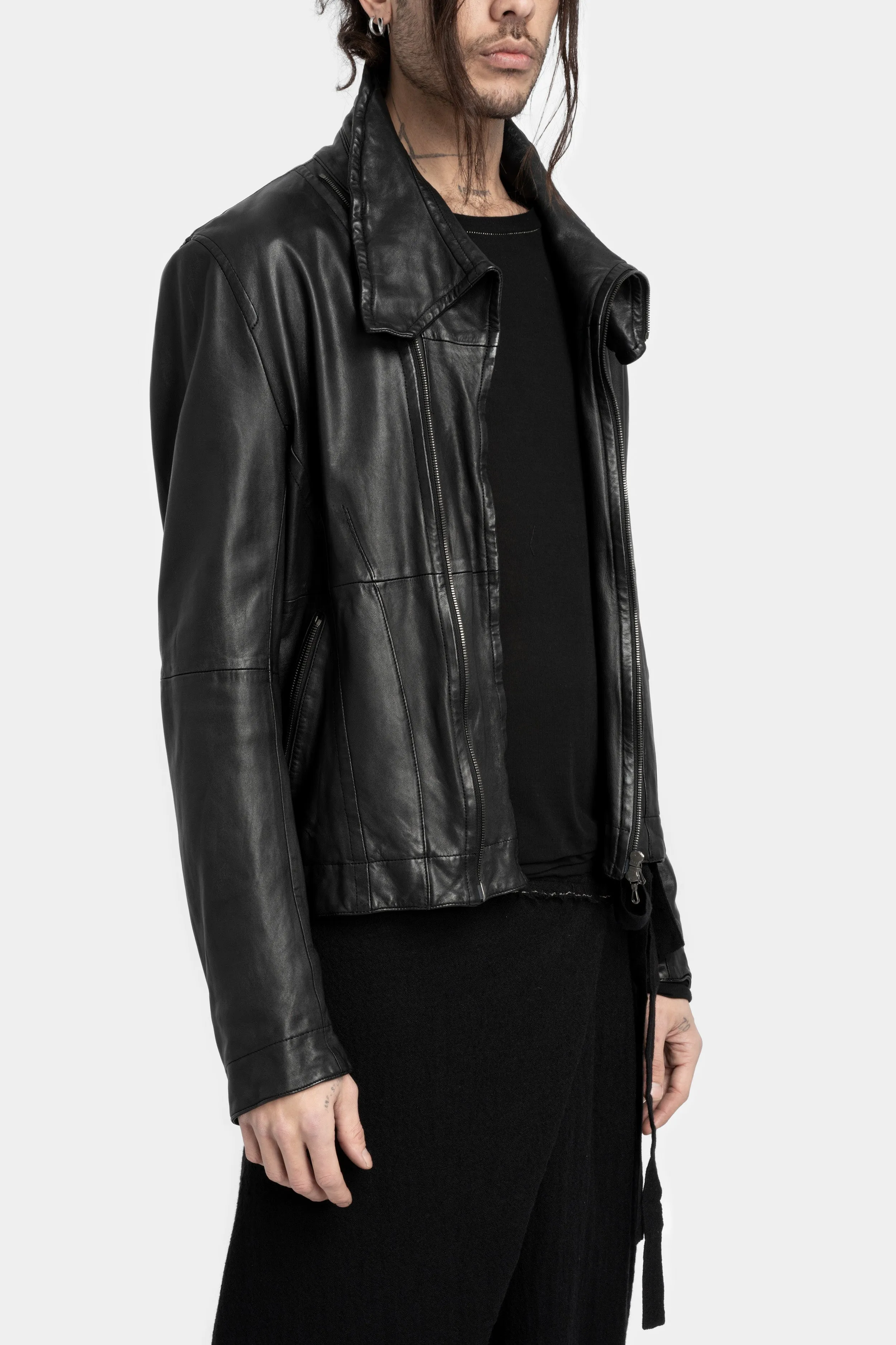 High neck cropped lamb leather jacket