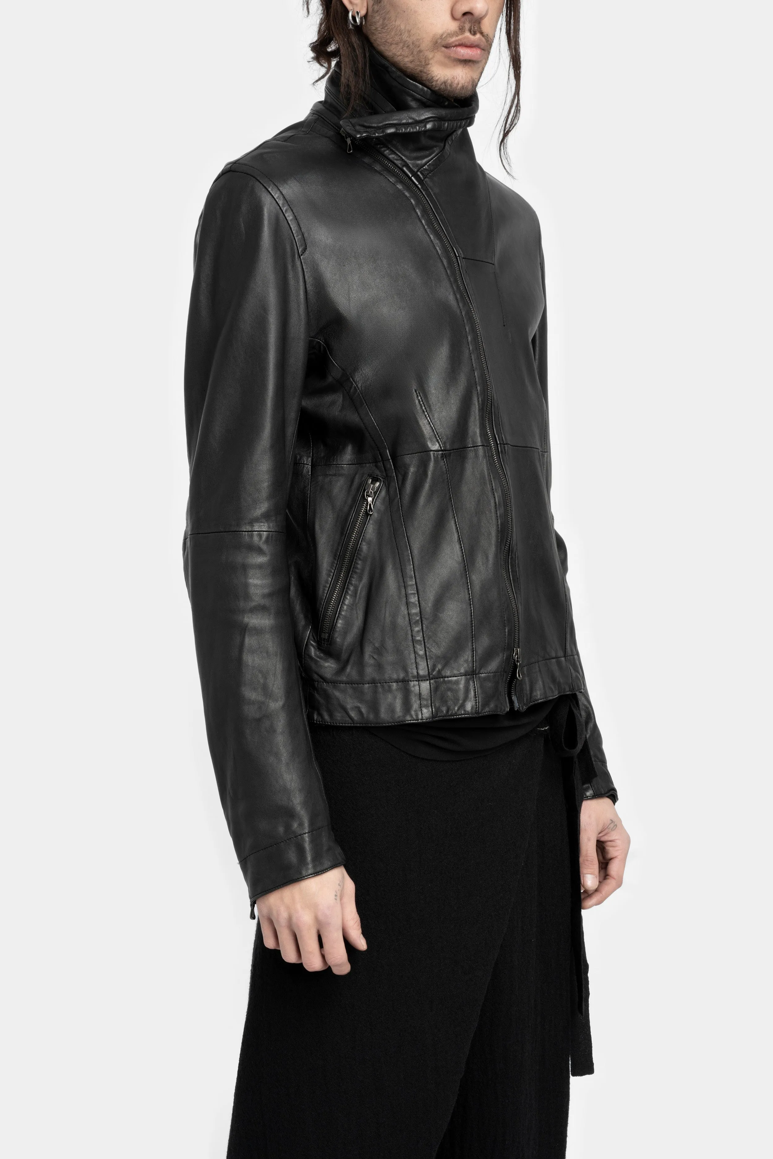 High neck cropped lamb leather jacket