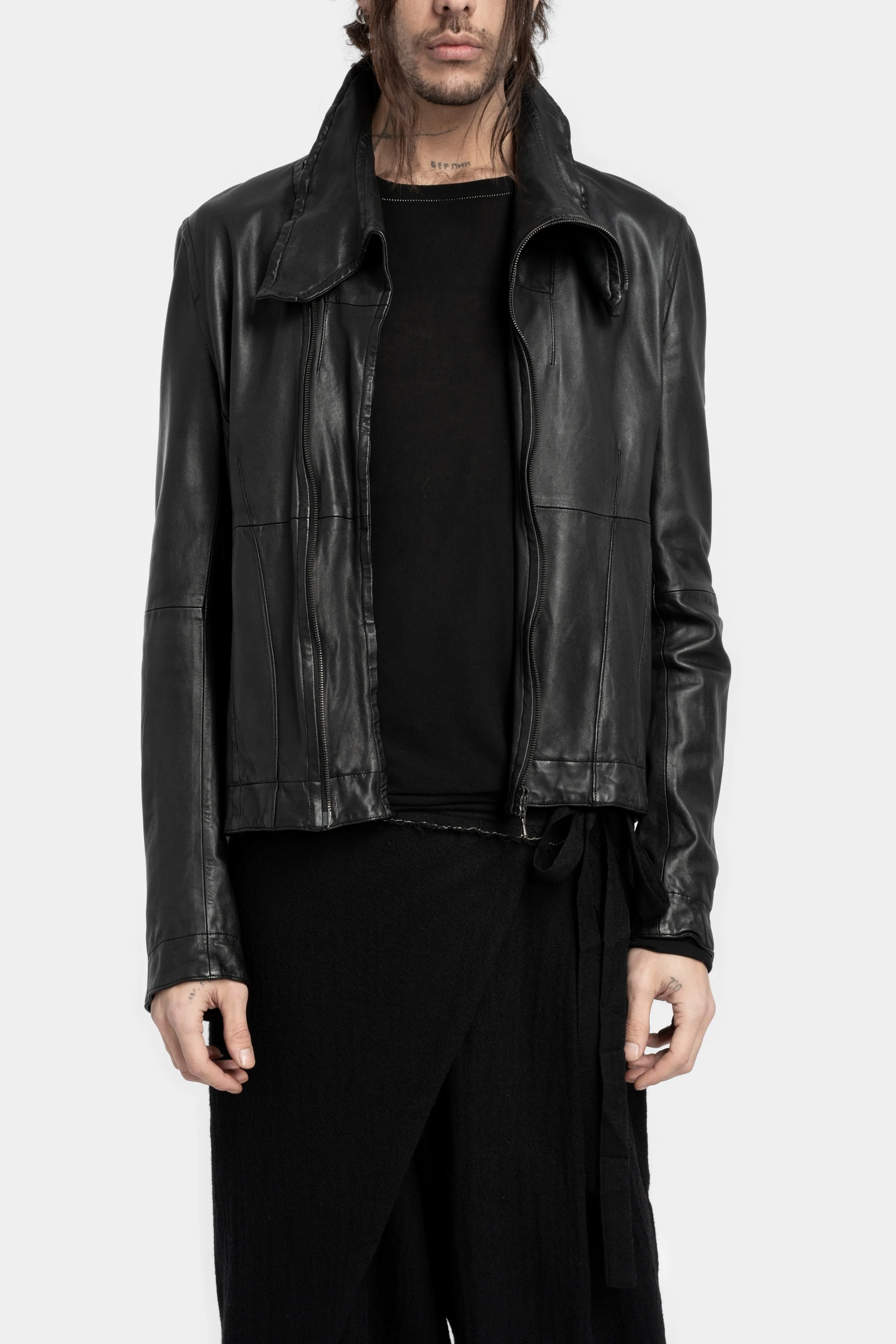 High neck cropped lamb leather jacket