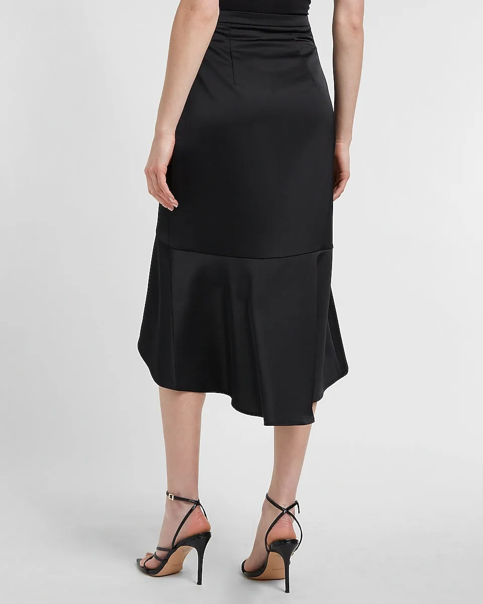 High Waisted Satin Ruffle Front Midi Skirt in Pitch Black