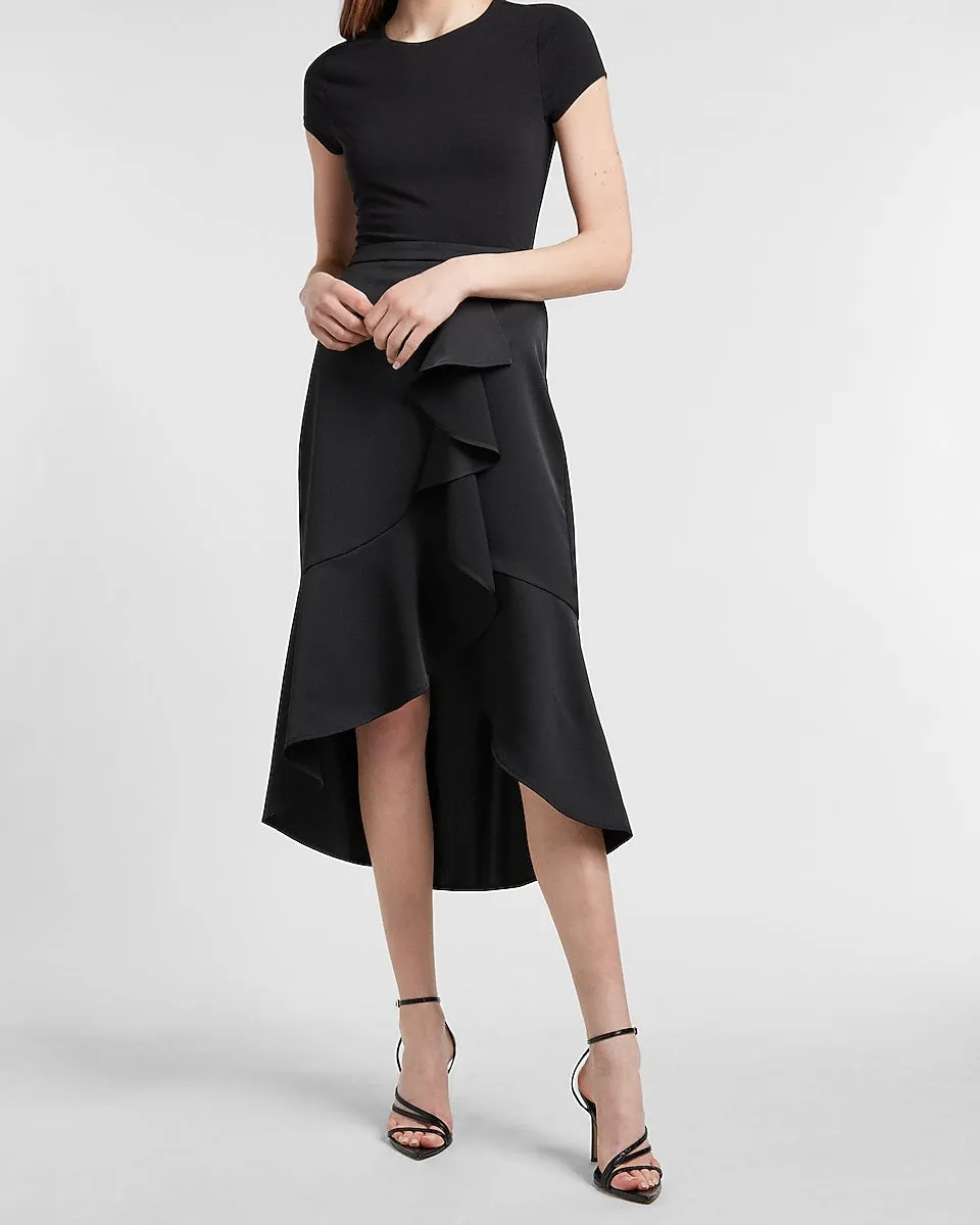 High Waisted Satin Ruffle Front Midi Skirt in Pitch Black