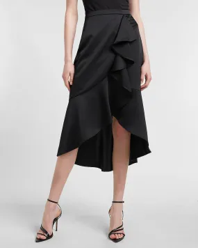 High Waisted Satin Ruffle Front Midi Skirt in Pitch Black