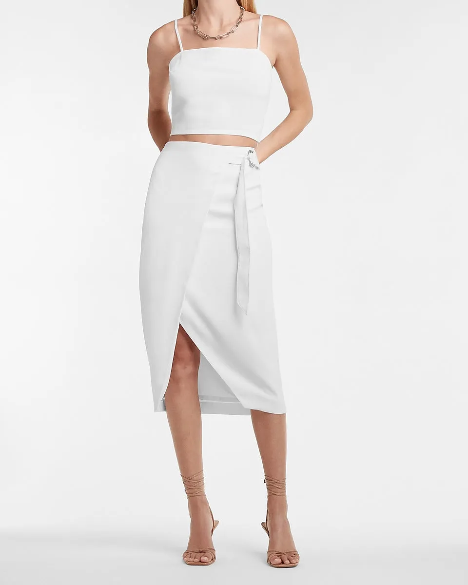 High Waisted Side Tie Buckle Midi Skirt in White