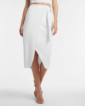 High Waisted Side Tie Buckle Midi Skirt in White