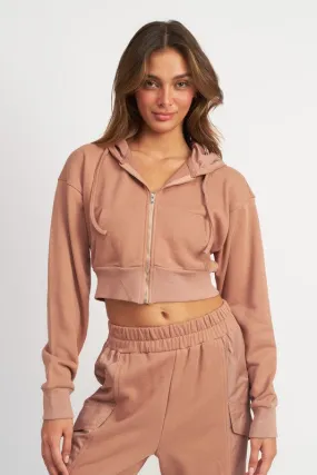 Hot Girl Emory Contrasted Zip Up Cropped Hoodie In Dusty Peach