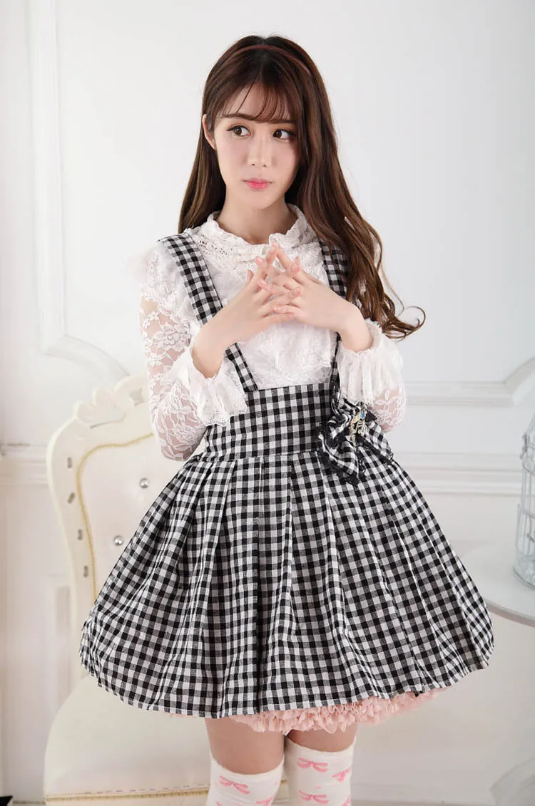 Japanese Style Sweet White and Black Plaid Lolita Lace Jumper Skirt for Girl