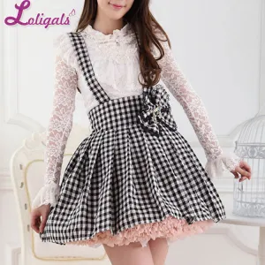 Japanese Style Sweet White and Black Plaid Lolita Lace Jumper Skirt for Girl