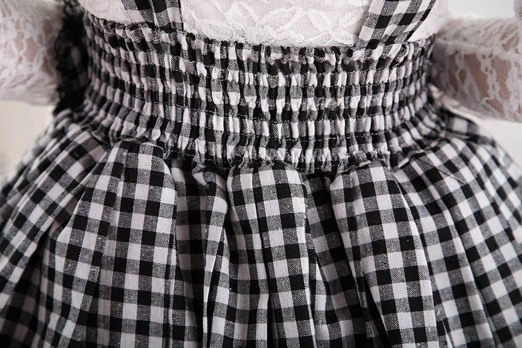 Japanese Style Sweet White and Black Plaid Lolita Lace Jumper Skirt for Girl