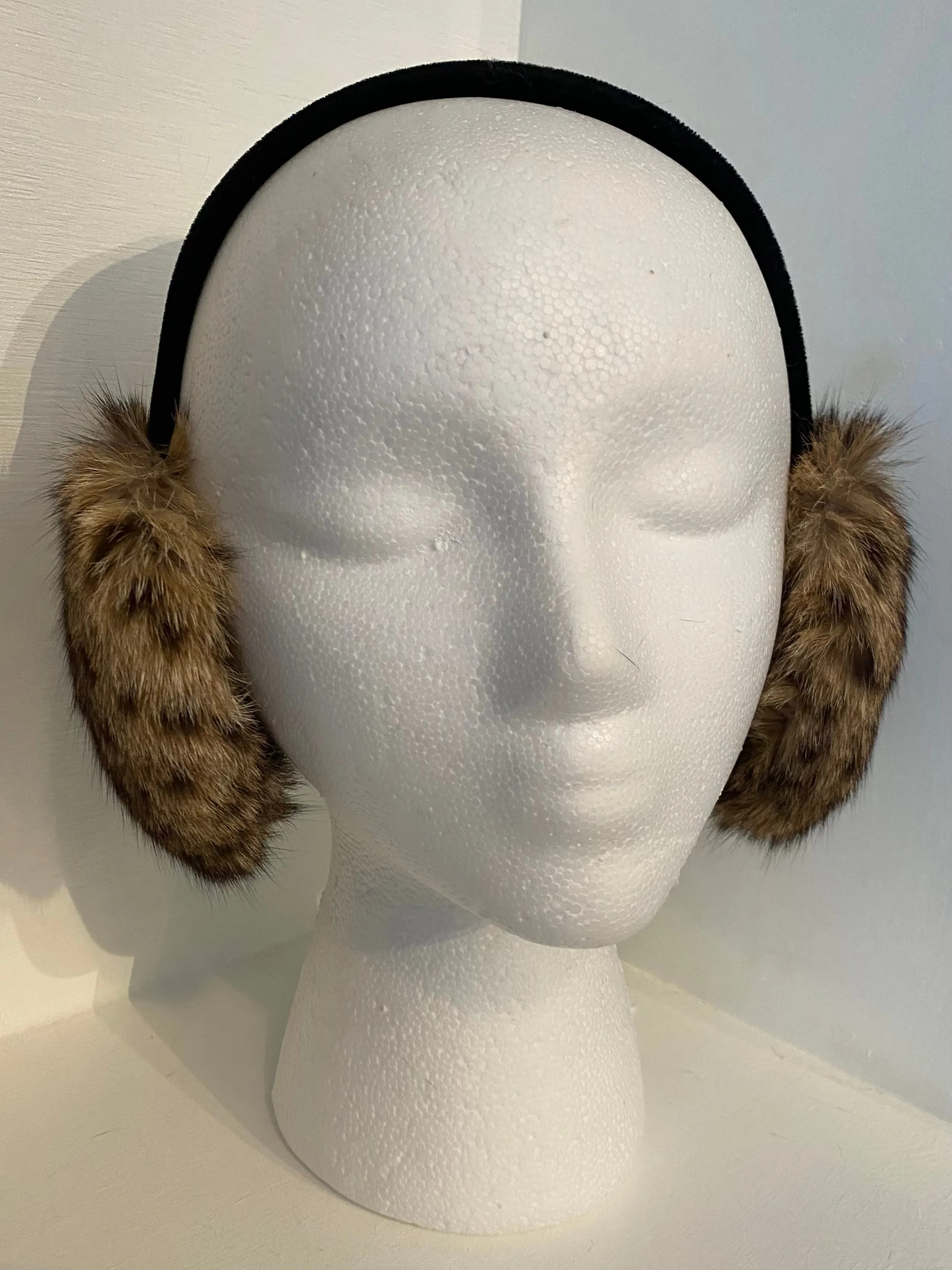 Leopard Print Mink Earmuffs with Black Velvet Band