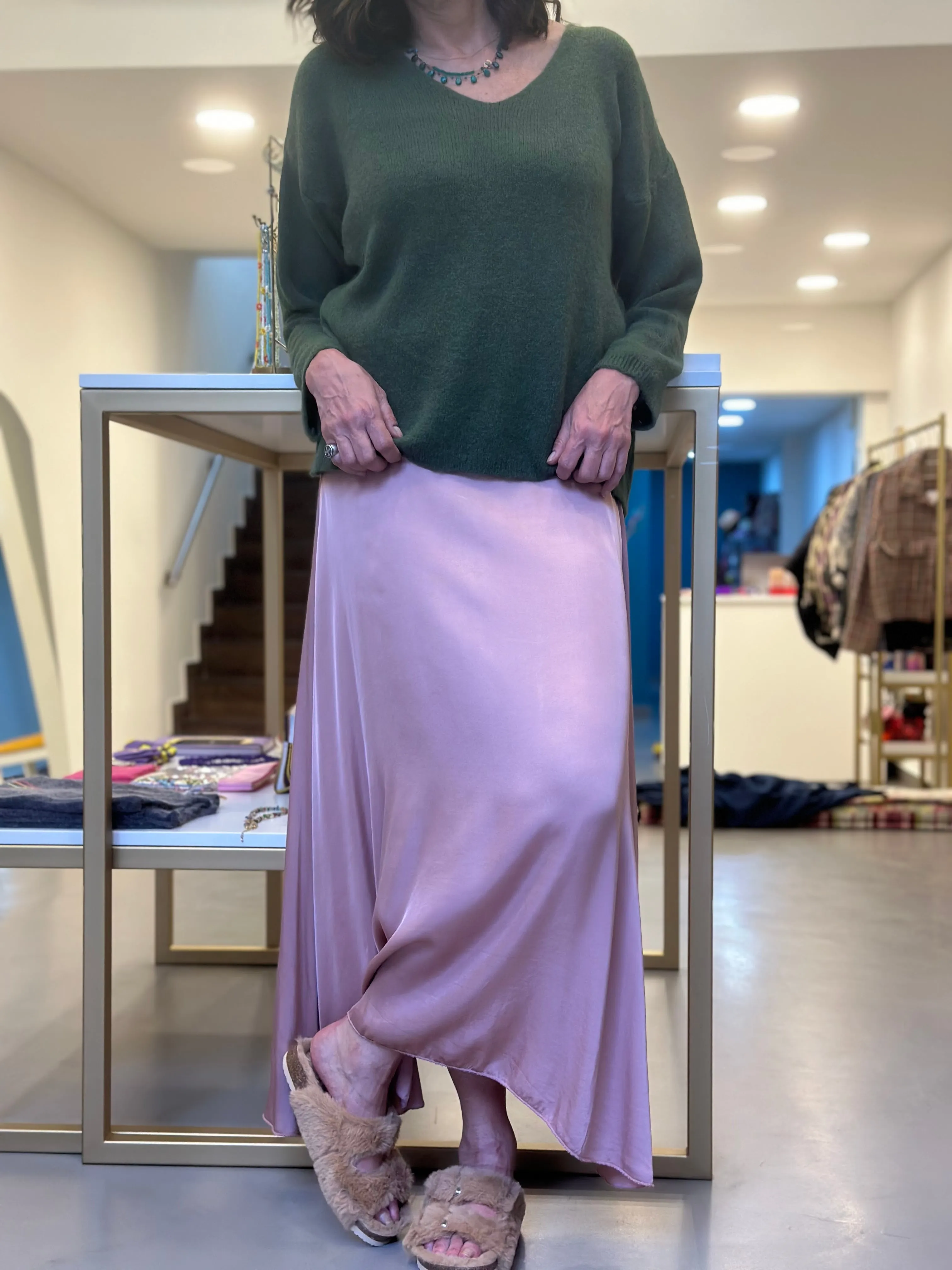 Light Pink wavy satin midi Skirt