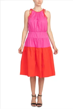 London Times Crew Neck Shoulder Ties Halter Neck Color Block Tiered Skirt Midi Stretch Cotton Poppin Dress