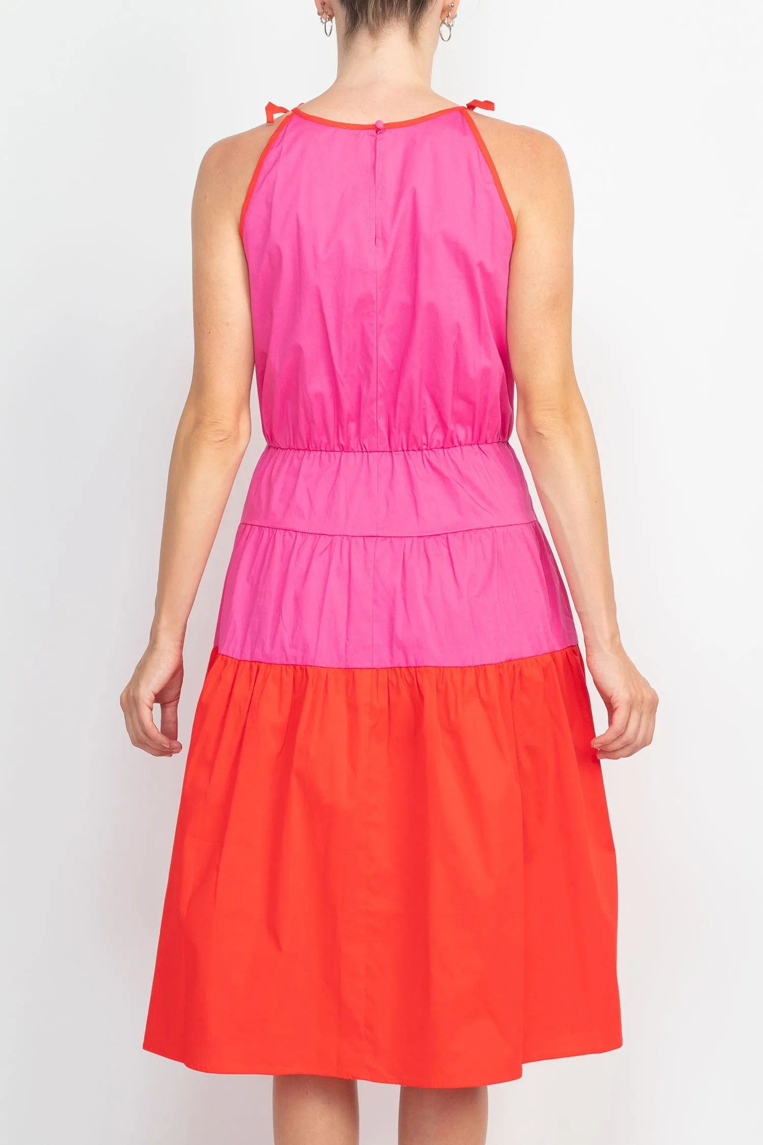 London Times Crew Neck Shoulder Ties Halter Neck Color Block Tiered Skirt Midi Stretch Cotton Poppin Dress