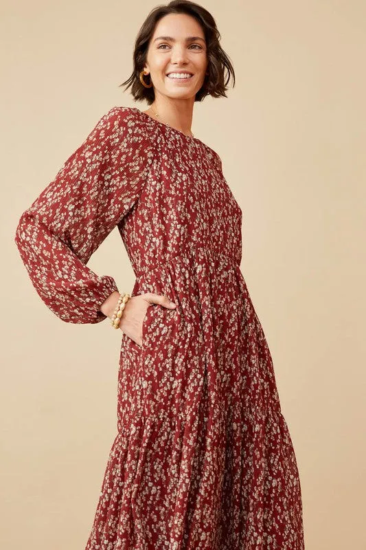 Long Sleeve Tiered Midi Dress Style 6541 in Burgundy