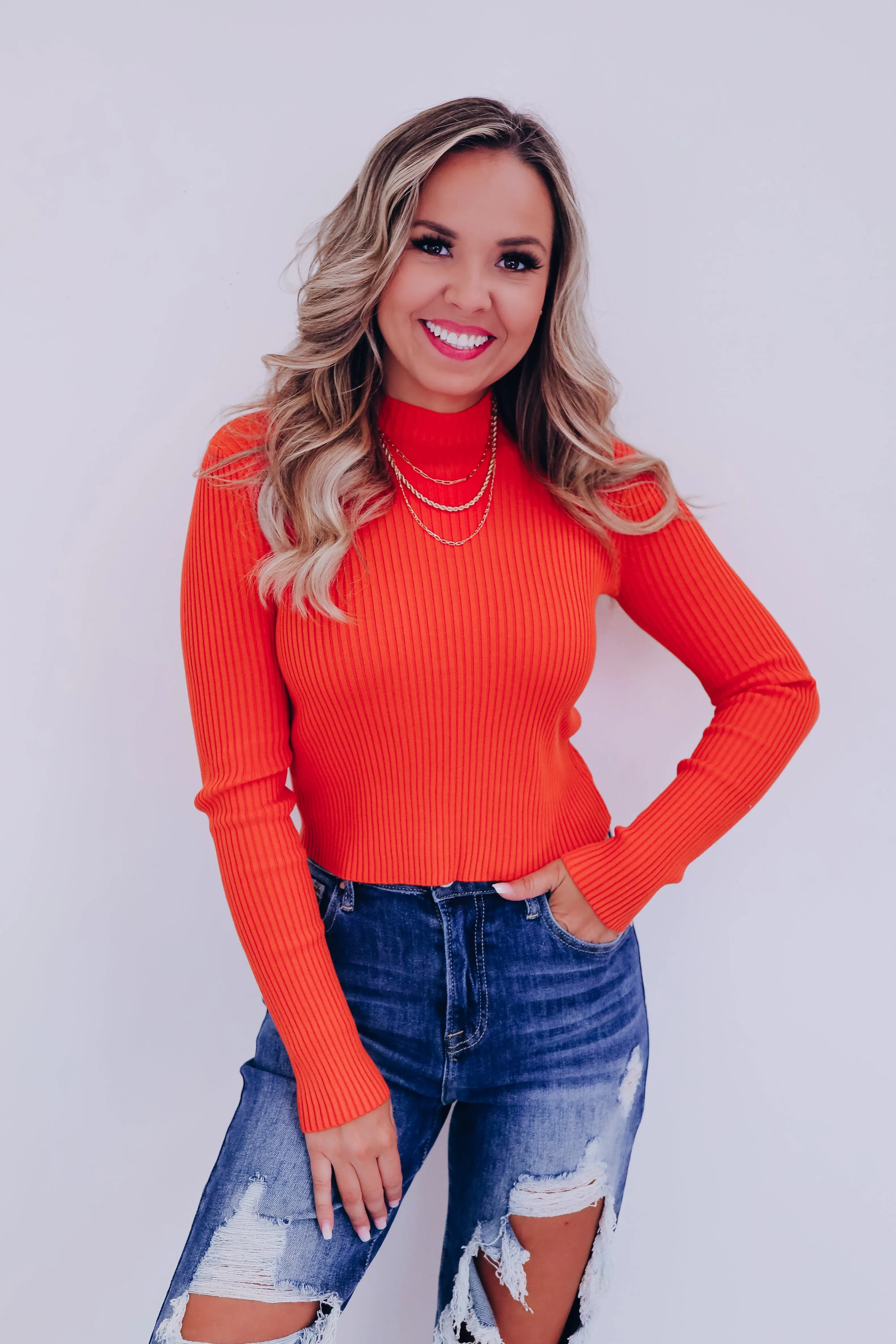 Majestic Mock Neck Crop Sweater - Orange