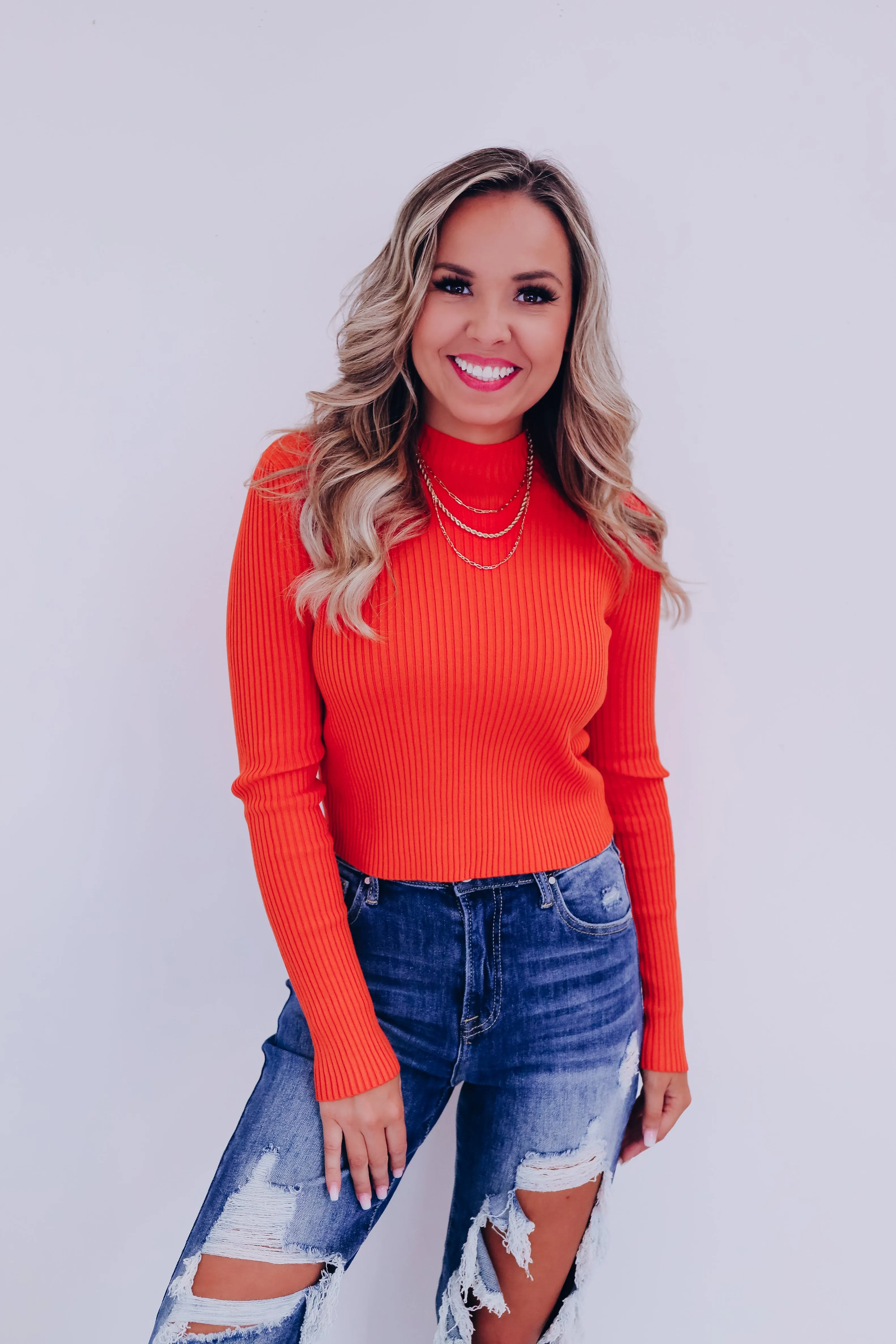 Majestic Mock Neck Crop Sweater - Orange