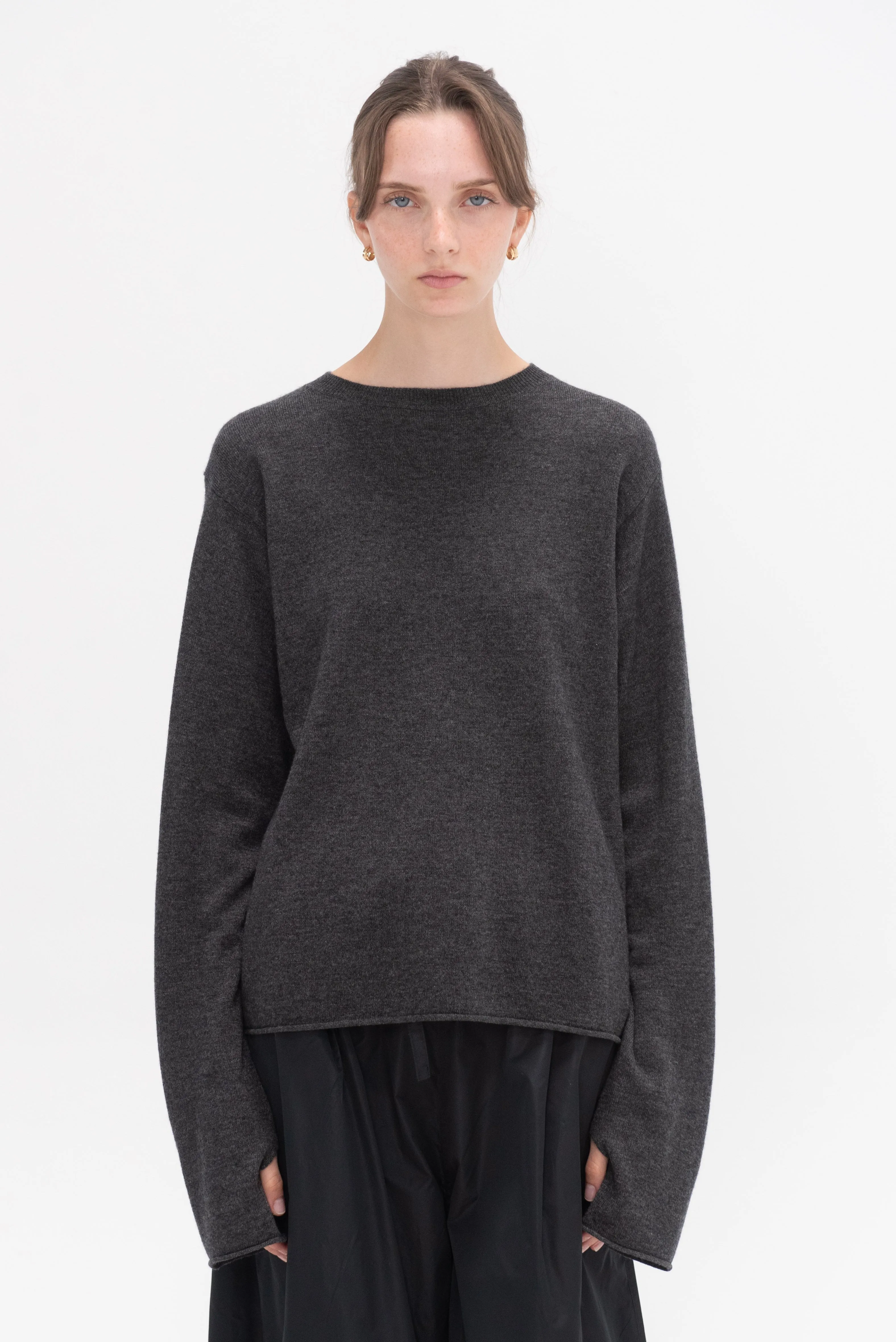 Malou Wool Cashmere Crewneck Sweater, Charcoal