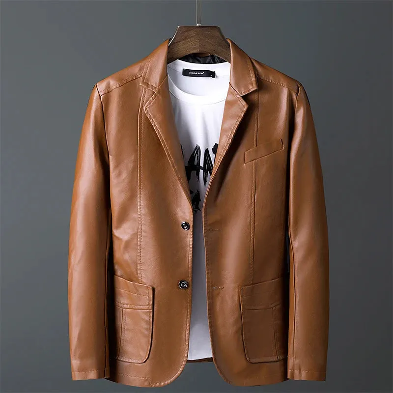 Men's Fashion Casual Spring Autumn Motorcycle Leather Coat / Male Slim Fit Solid Colour Single Breasted Pu Suit Jacket