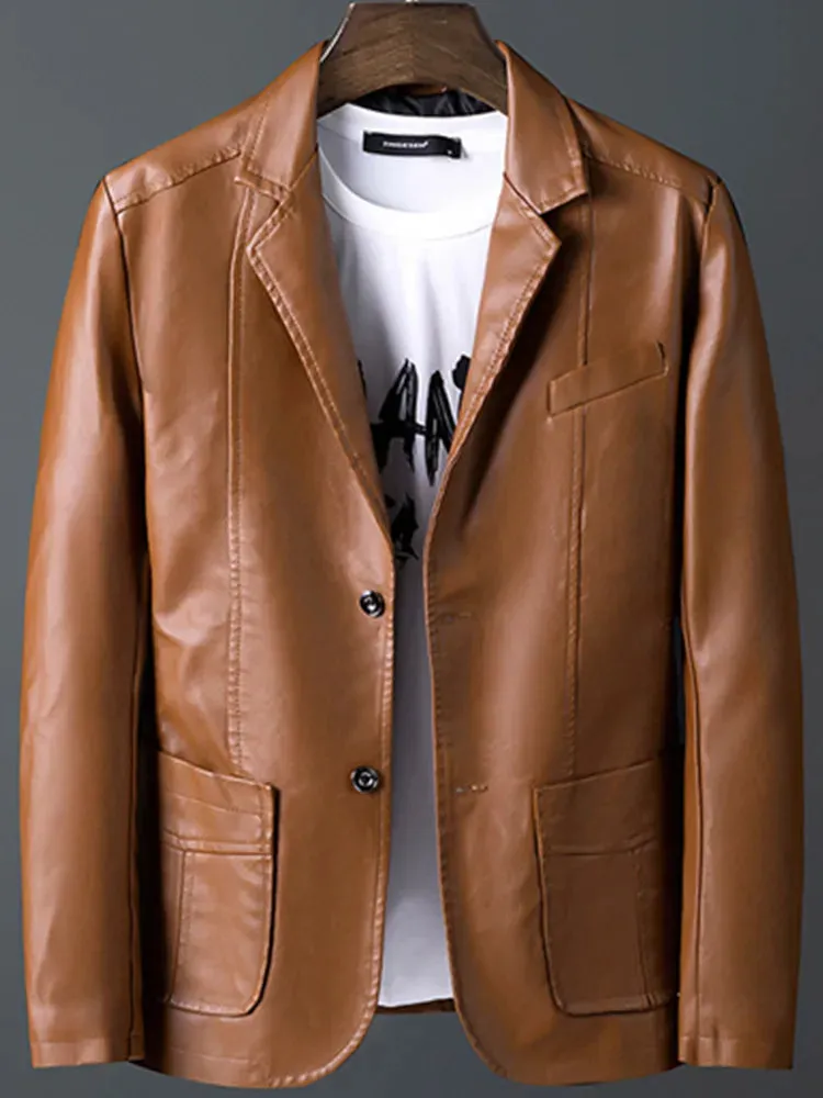 Men's Fashion Casual Spring Autumn Motorcycle Leather Coat / Male Slim Fit Solid Colour Single Breasted Pu Suit Jacket