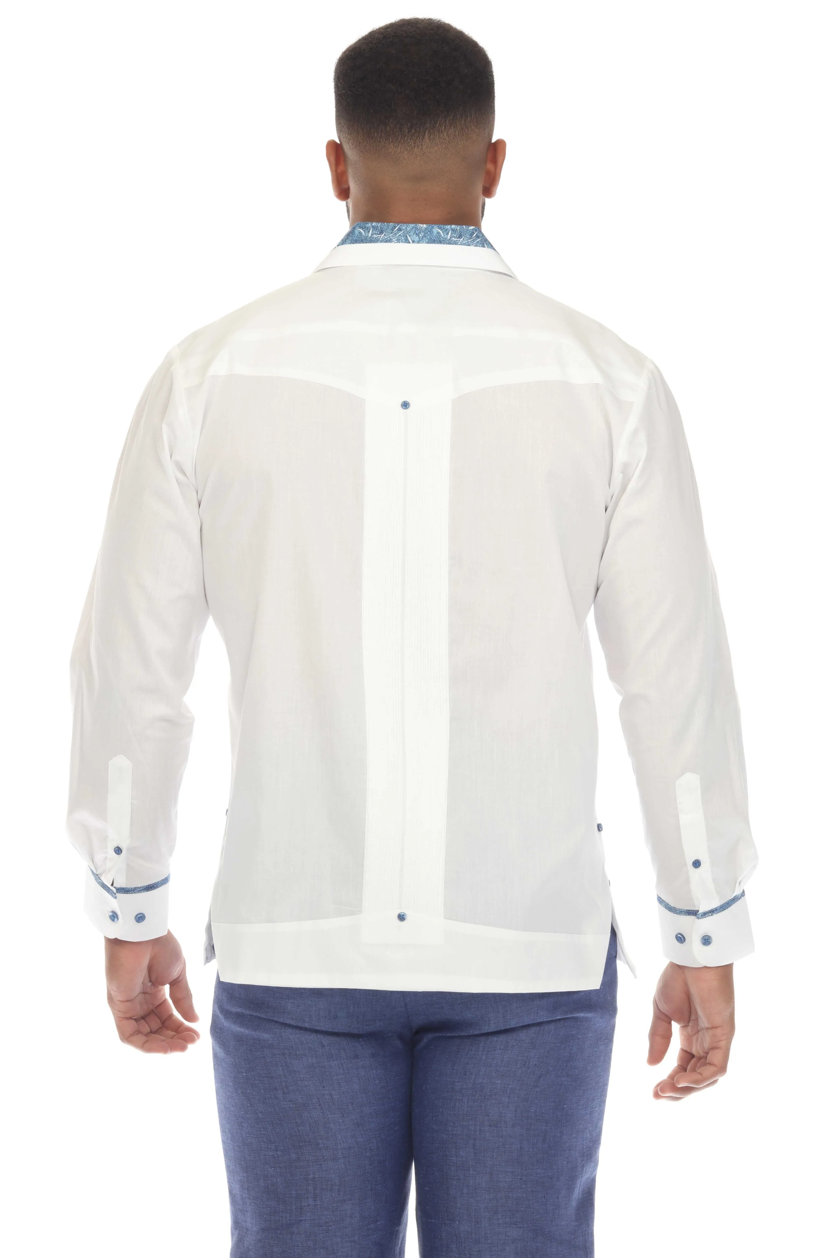 Men's Guayabera Chacabana Shirt Cotton Blend Long Sleeve with Contrast Accent Trim