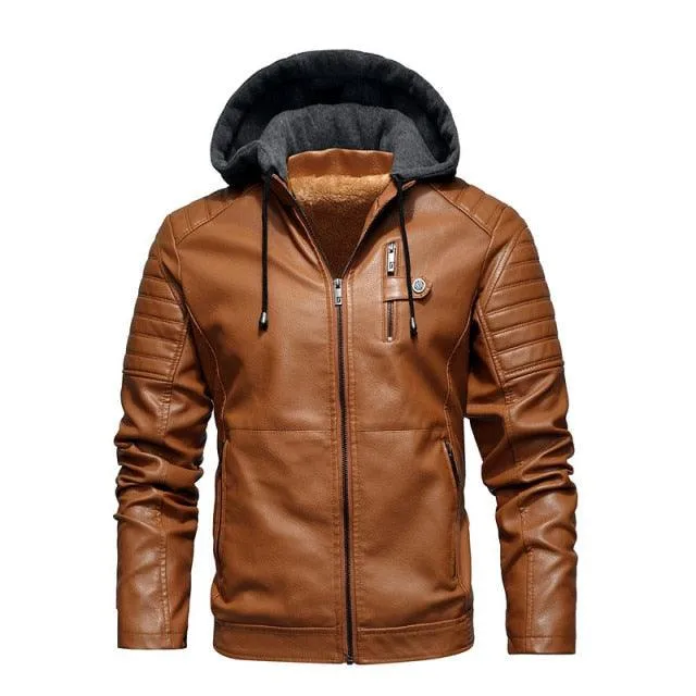 Men's Leather Jacket with Hood Plus Size