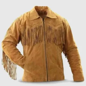 Mens Leather Western Jacket with Fringe Cowboy Style Suede Leather Jacket Brown